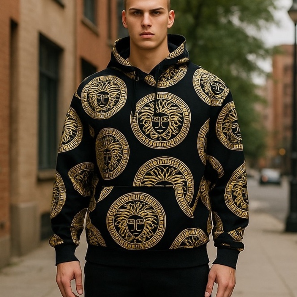 Drill Clothing company Men's‎ Black & Gold Medusa exotic Graphic Hoodie medium